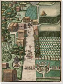 Chickahominy Village of Secota near Jamestown Corn can be seen grown in the left field of the midground.  Engraving by Theodor de Bry